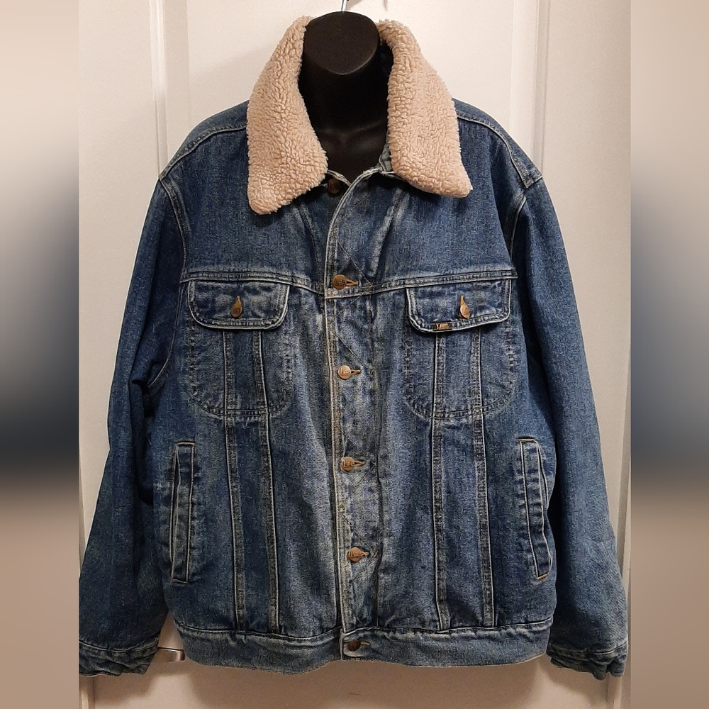 Vintage Lee Storm Denim Jacket Size XL Sherpa Lined Removable Collar Working